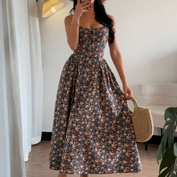 Multicolor Boho Womens Elegant A-Line V-Neck Cinched Waist Flared Hem Back Dress - Picture 5 of 7